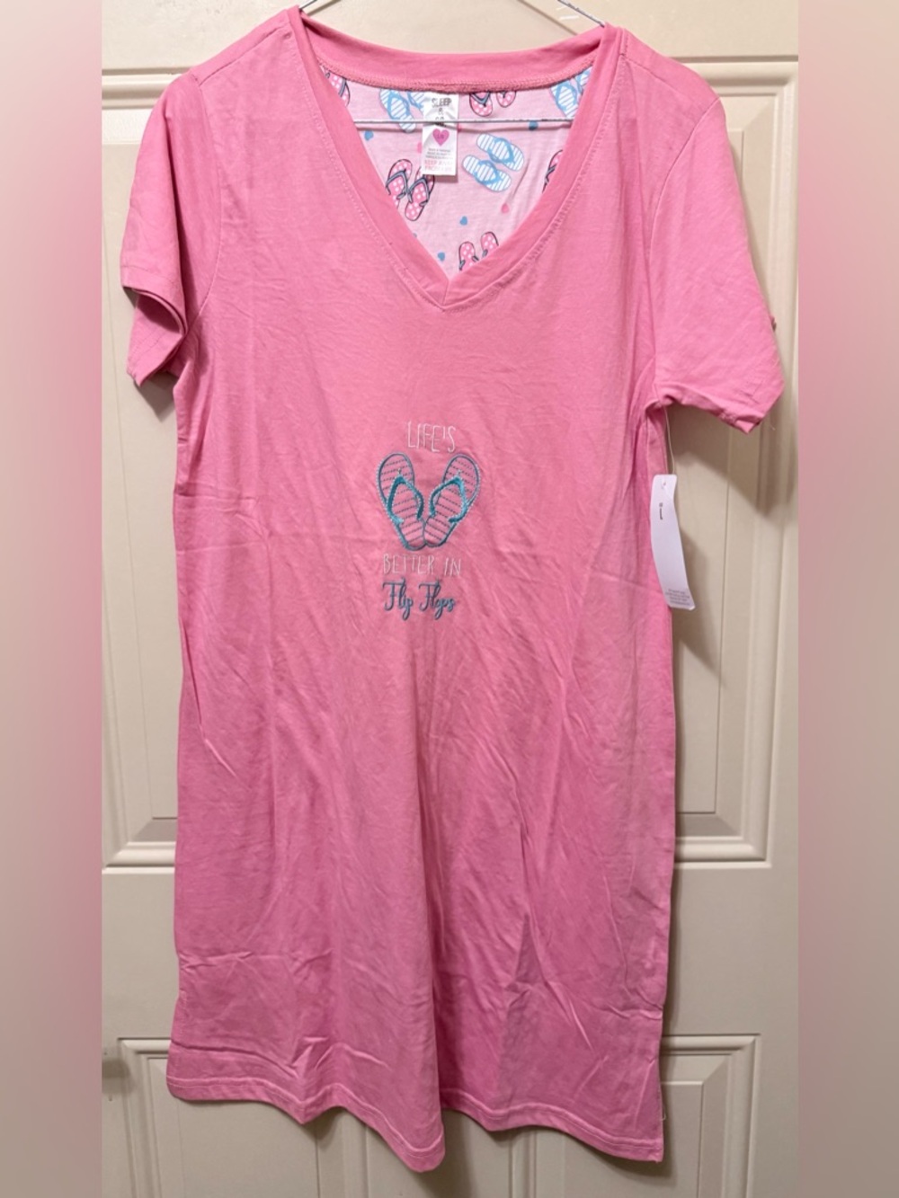 Sleep & Co. Pink Sleep Shirt with Embroidered Flip Flop Design and Saying Size L